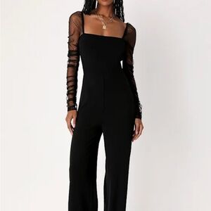 Lulu's Elegant Black Jumpsuit with Mesh Sleeves